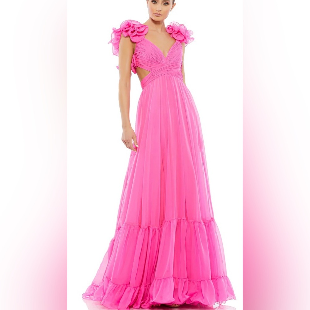 Mac Duggal Ruffle Tiered Cut Out Chiffon Gown HOT PINK